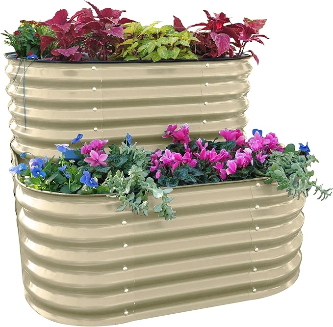 Vego garden Cascading Raised Garden Planter Box Outdoor Metal Galvanized Gardening Bed for Vegetables Herb &amp Flower Pearl White