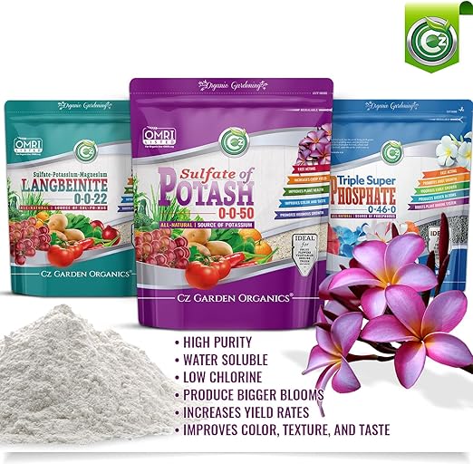 Organic Sulfate of Potash 0-0-50 Made in USA - Water Soluble SOP Potassium Plant Food for Plants &amp Flower Gardens - 3LB Low Chlorine Fertilizer. Enhances Color &amp Taste! OMRI Listed