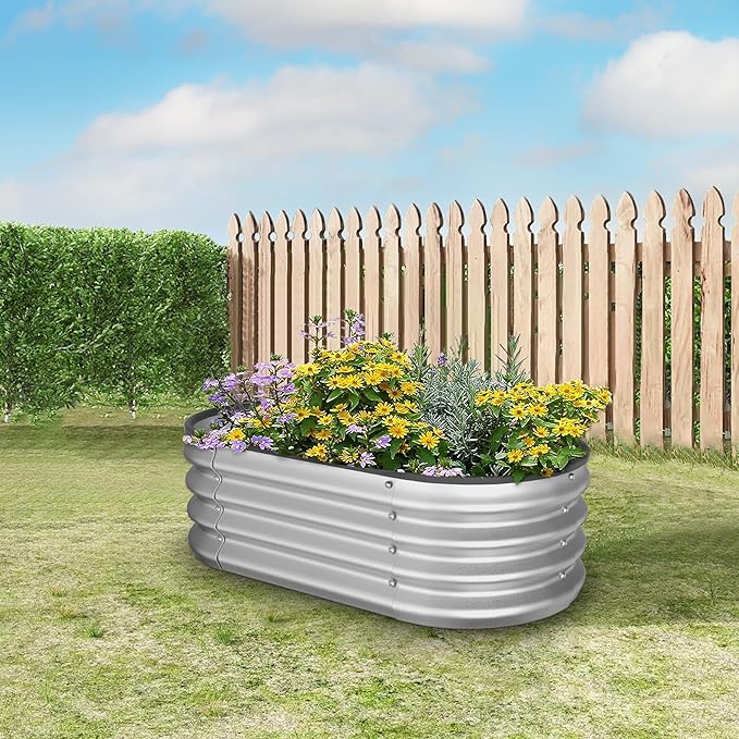 Crownland Outdoor Garden Metal Raised Garden Beds Oval Galvanized Planter Box Rubber Edge Guard for Patio Growning Fresh Vegetables Flowers Herbs and Succulents(4ft*2ft*1ft) Silvery