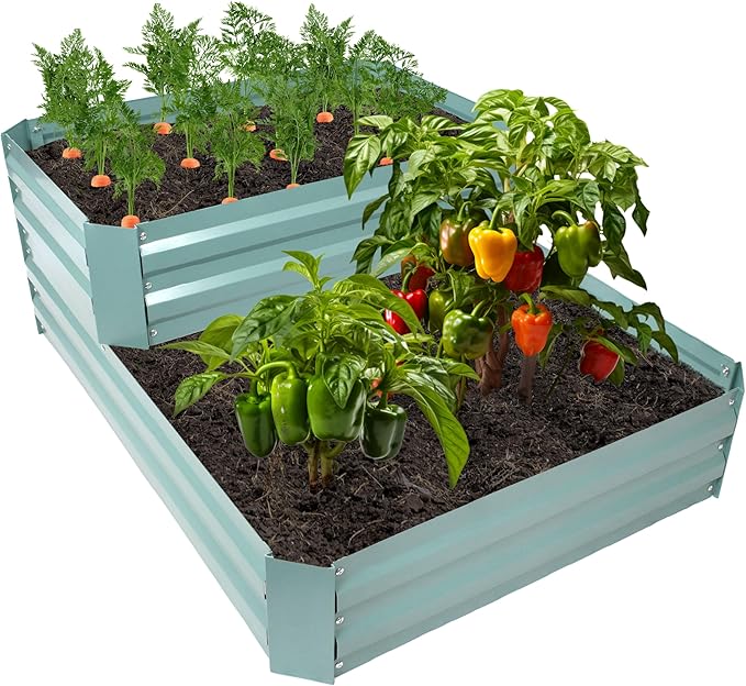 Sunnydaze 2-Tier Galvanized Steel Raised Garden Bed - for Flowers Plants and Vegetables - 94.5-Gal Soil Capacity - Green