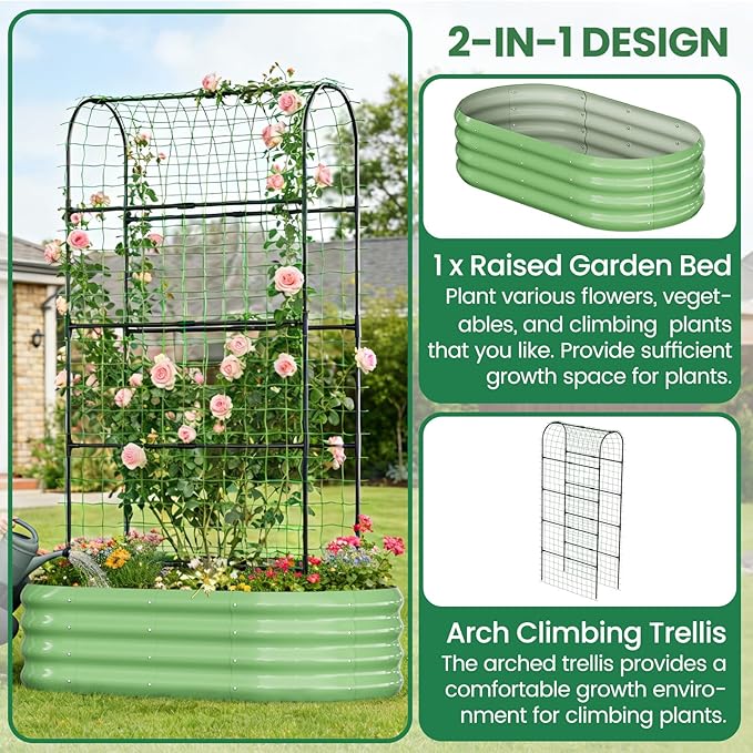 SUNYRISY 2Pack Galvanized Raised Garden Bed with 71in Arch Trellis for Climbing Plants Outdoor Planter Box with Climbing Net for Gardening Flowers Vegetables Fruits Herbs Green