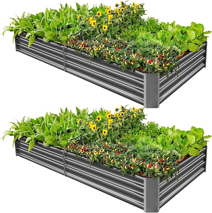 Land Guard 2 Pack 8×4×1ft Galvanized Metal Raised Garden Bed Metal Planter Kit Box Outdoor for Deep-Rooted Vegetables Flowers Green and Herbs (Mid-Grey)