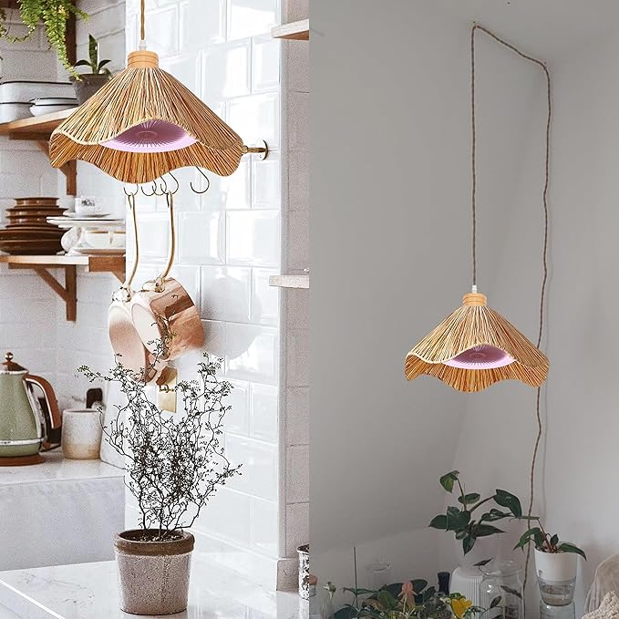 30W Full-Spectrum Lamp with 4 W Fan Timer Swag Hanging Boho Plant Growing Light by Remote Control Plug-in Hemp Rope Cord Dimmable Natural Cone Shade for Indoor Planting Portable