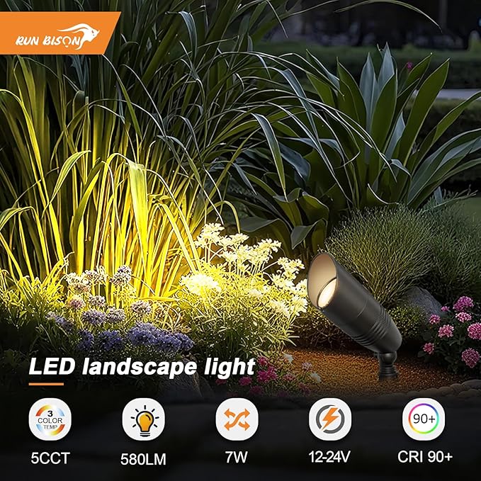 LED Landscape Spot Lights Outdoor 12-24V 7W 580LM CRI 90+ IP65 Waterproof Low Voltage Landscape Lighting 2700K-5000K Selectable Landscape Spot Lights for Garden and Yard 4 Pack