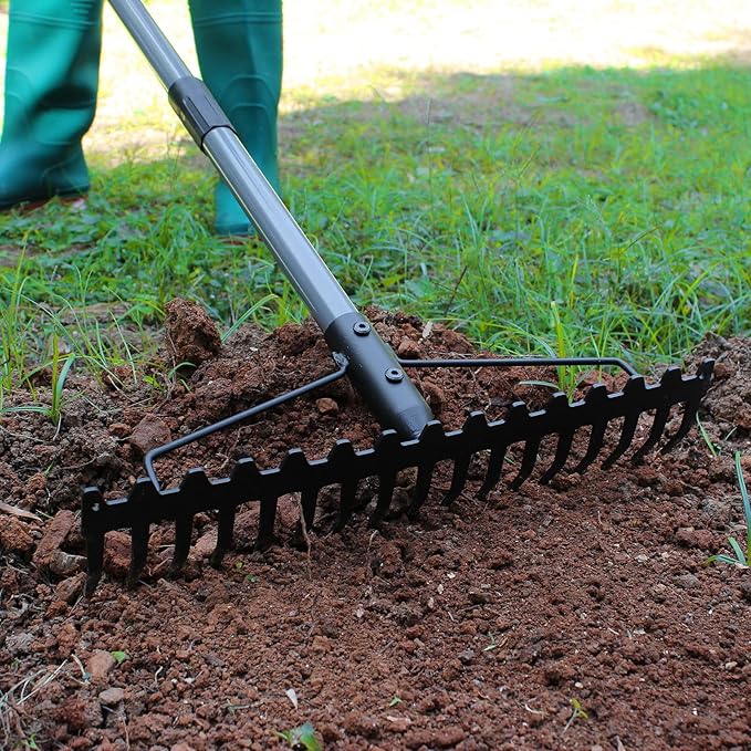 Walensee 5.4FT Bow Rake Heavy Duty Garden Rake with Stainless Steel Handle 17 Steel Tines Garden Tool for Loosening Soil Gathering Leaf Leveling Lawn Farming Land Management Yarn Thatch Rakes