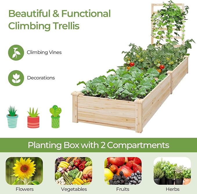 Raised Garden Bed with Trellis Elevated Gardening Bed with Divided Space for Flower Vegetables Fruits Climbing Plants Outdoor Wooden Planter Box Kit for Yard Patio 93 L x 25 W x 40