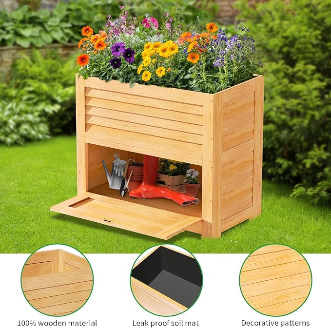 SUNYRISY Wooden Raised Garden Bed with Storage Box 34 L x 18 W x 30 H Elevated Large Planter Box for Planting Herb Vegetable Flower Outdoor Indoor Wood