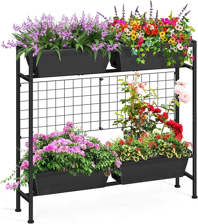 OYEAL Raised Garden Bed with Legs &amp Trellis 32 Tall Vertical Garden Planter Boxes Outdoor Flower Bed for Gardening Vegetables Flowers Herbs Backyard Grey