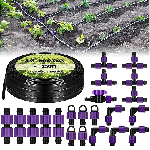 Tondiamo 250' 5/8 Inch Drip Tape Irrigation Tubing Kit 16 Mil 6 Spacing Garden Hose Watering Tube Line Automatic Equipment for Garden Irrigation System Farms Landscape Lawn