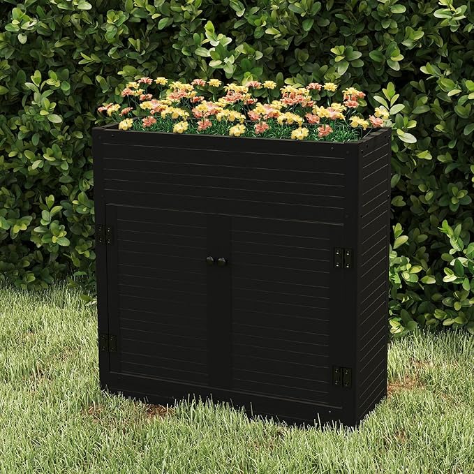 mondaria Raised Bed Garden Cabinet with Extra Storage Compartments Composite Planter Stand Box (Black)