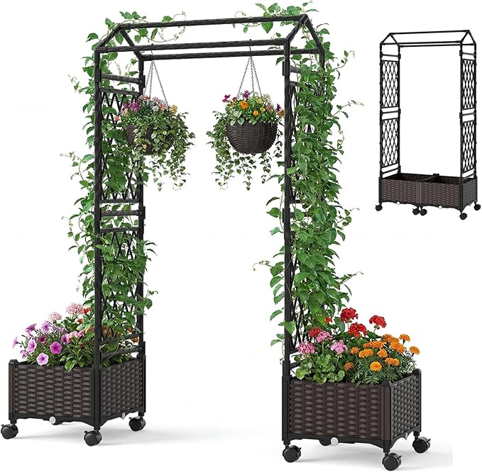 BECOMFORT Planter Box with Trellis 64”H Self-Watering Tomato Planter w/Wheels Hanging Roof &amp Drainage Holes Outdoor Indoor Raised Garden Bed for Climbing Vines Perfect for Patio Lawn &amp Ba
