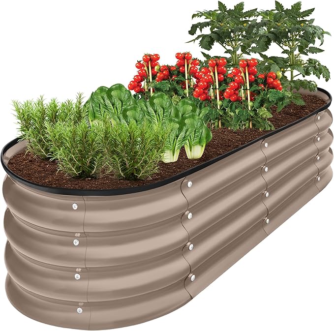 Best Choice Products 4x2x1ft Outdoor Metal Raised Garden Bed Oval Deep Root Planter Box for Vegetables Flowers Herbs and Succulents w/ 51 Gallon Capacity Rubber Edge Guard - Taupe