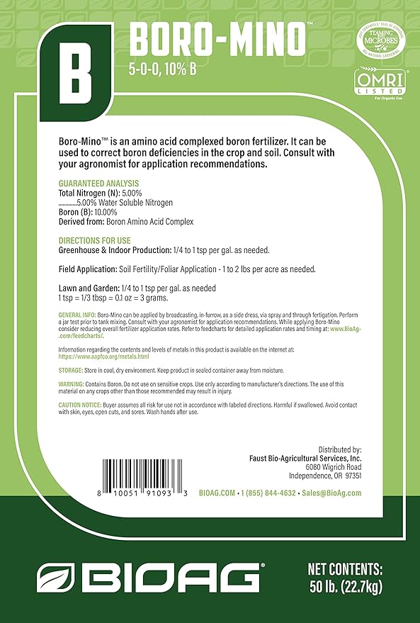 BioAg Boro-Mino Organic Boron Fertilizer Amino Acid Complexed Boron (1.5 lbs) Soluble hydroponic Soil brassicas Fruit Berry Crop