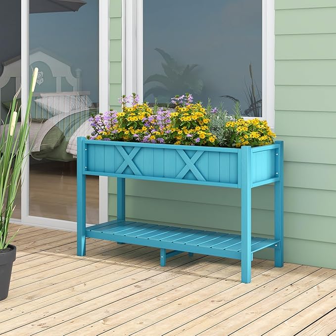 Raised Garden Bed with Legs HIPS Elevated Planter Box with Drainage Holes &amp Storage Shelf Standing Garden Box for Backyard Patio Balcony Deck Terrace (Blue 44” x 18” x 29”)