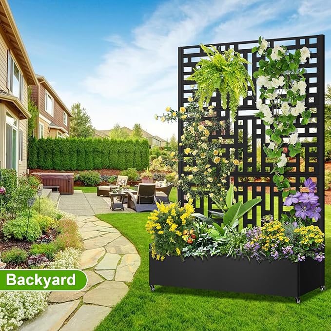 Metal Planter Box with Trellis 72x47x16 Metal Raised Garden Bed with Trellis Trellis Planter Box with Drainage Holes &amp Lockable Casters for Climbing Plants Vegetables and Vines