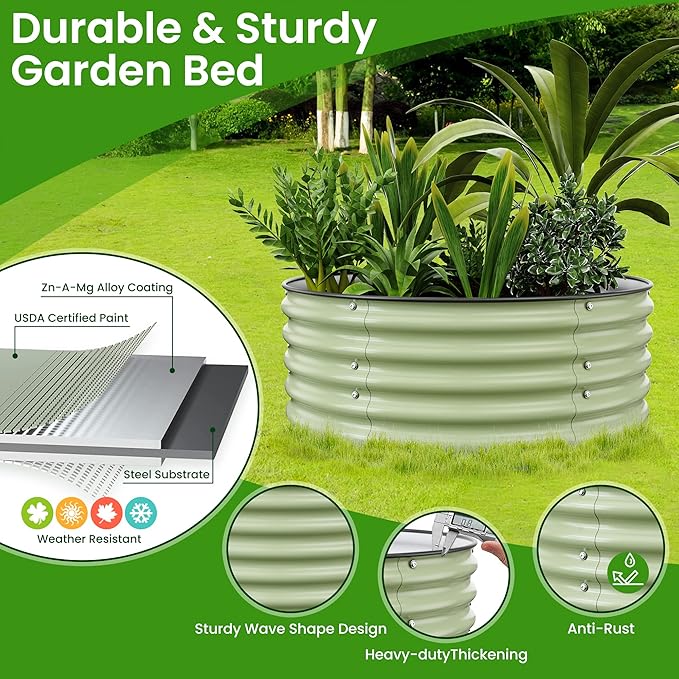 Round Raised Garden Bed Kit 3.5x3.5x1.4Ft Outdoor Zinc-Aluminum-Magnesium Metal Flower Beds Stainless Steel Patio Ground Planter for Planting Vegetables (Light Green)
