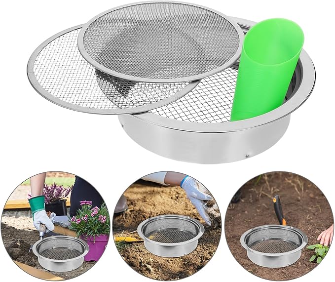 Stainless Steel Soil Sieve Set with Shovel Garden Compost Sifter with 1mm 3mm 6mm Mesh Screens for Potting Soil Filtration and Gardening Tool Kit