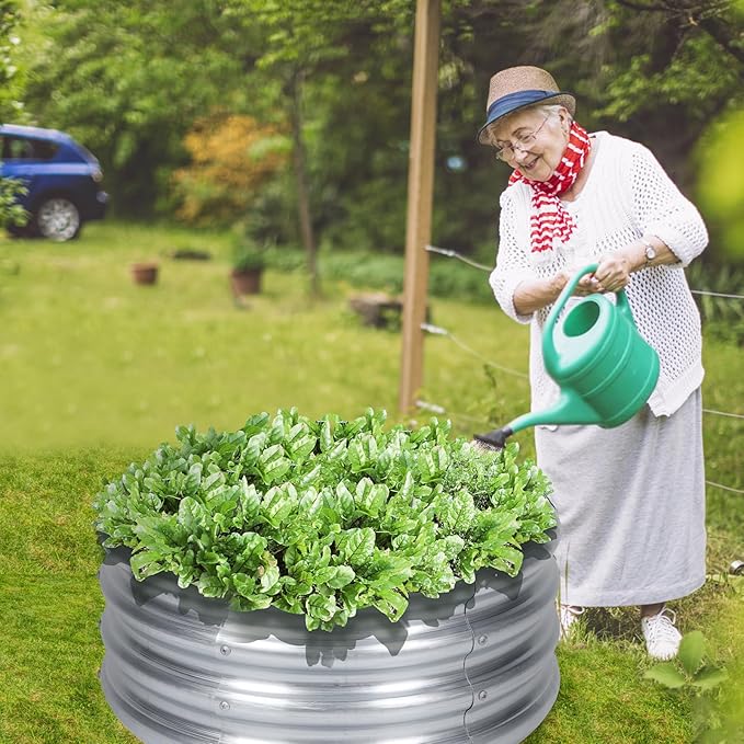 PINPON 2 Pack 2x2x1ft Round Galvanized Raised Garden Bed Outdoor Silver Metal Planter Box for Vegetables Herbs Flowers
