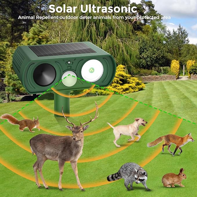 Upgraded Solar Ultrasonic Animal Repellent Outdoor Deer Repellent Devices Squirrel Cat Raccoon Rabbit Dog Deterrent Keep Skunk Away Motion Detection with Flash Light for Yard Garden Lawn 1PACKGreen