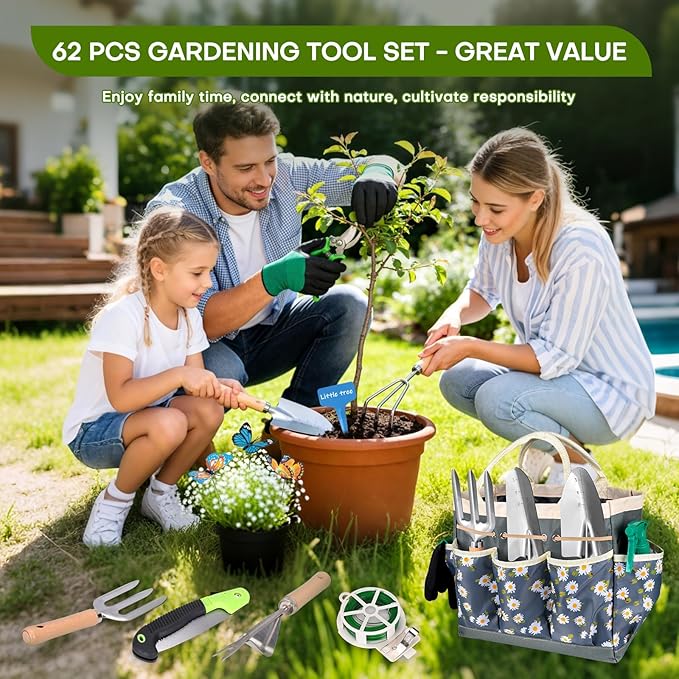 62-Piece Heavy-Duty Garden Tool Set Complete Garden Tool Kit with Stainless Steel Shovel Repotting Mat Pruning Shear&ampDurable Gardening Tool Bag Gardening Gift Set—Ideal Gift for Women/Men/Begi