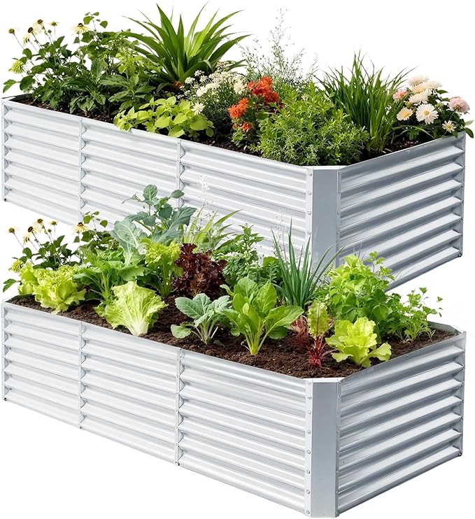 8x4x2FT Galvanized Raised Garden BedOutdoor Planter Box Patio Kit Planting Bed for Vegetables Flowers HerbSilver 2 Pack