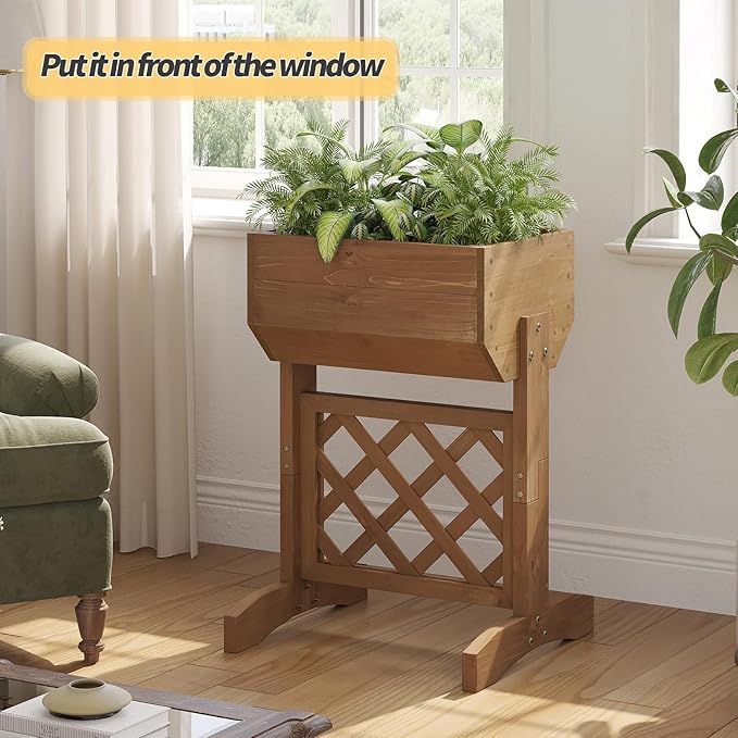 Raised Garden Bed with Diamond Lattice TrellisWood Planter Box Stand for Backyard Patio BalconyOutdoors (Brown)