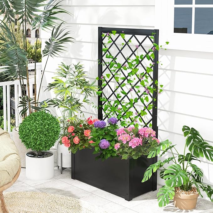 HAPPYGRILL Raised Garden Bed with Trellis 44” Metal Elevated Garden Box for Climbing Plants Vine Outdoor Planter Box for Yard Garden Balcony