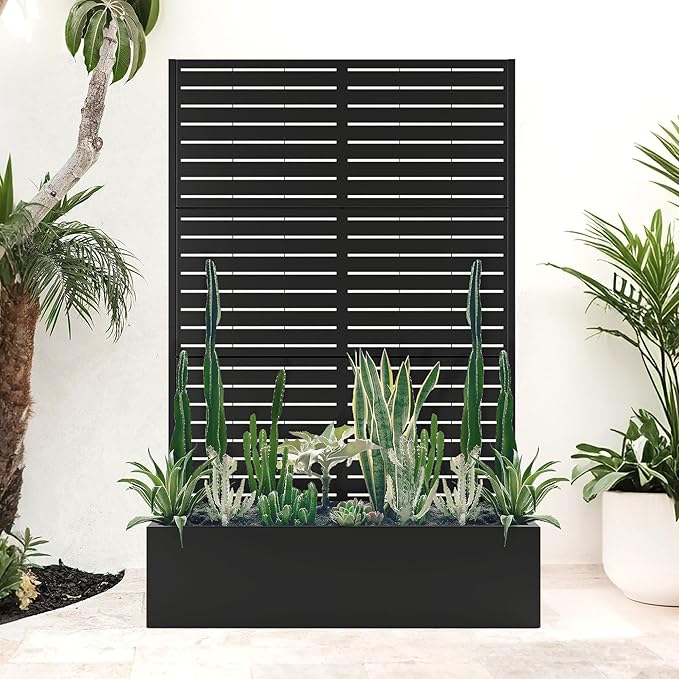 Metal Planter Box with Trellis Large Raised Garden Beds with Trellis for Climbing Vegetables Plants Privacy Screen Planter Box with Drainage Holes for Patio (47L×16W×71H Black Blinds)