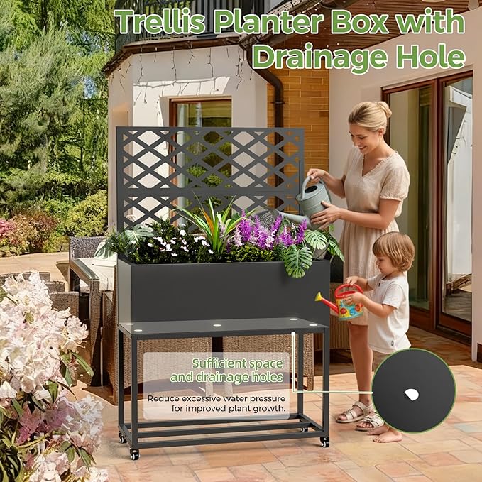 Raised Garden Bed with Trellis Metal Raised Planter Box with Trellis Privacy Planters for Patio Raised Garden Beds Outdoor Standing with Drainage Holes Wheels Black