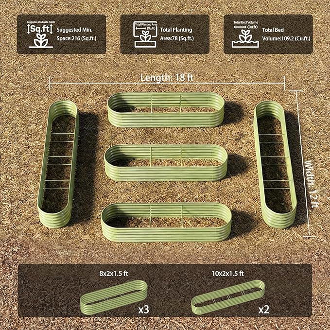 5-Pack 18” Tall Galvanized Raised Garden Beds – Everyday Kitchen Garden Layout Fits 200 Sq Ft Patio or Backyard 10x2x1.5 ft &amp 8x2x1.5 ft Metal Flower Bed for Herbs Vegetable-Brooklyn Grey