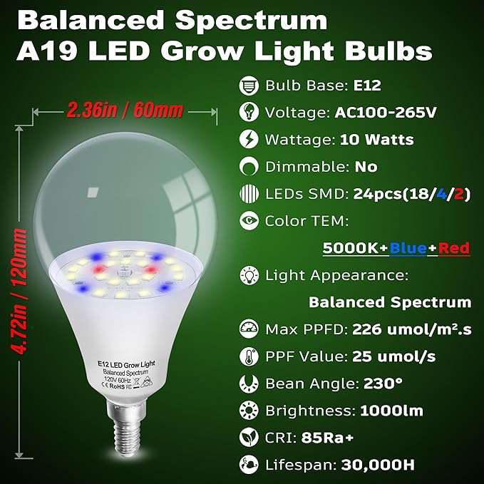 Grow Light Bulbs E12 Candelabra Small Screw Base for Indoor Plants Full SpectrumGrow LED Light Bulb 10W with Balanced Spectrum 5000K Blue Red for Seeds Greens LaboratorySchoolGreenhouse Garden6Pcs