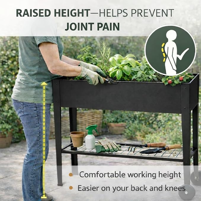 InSideOut Elevated 40 Raised Garden Bed Outdoor with Wheels &amp Shelf for Mobility Metal Planter Box for Vegetables/Herbs Patio-Balcony-Backyard (Charcoal)