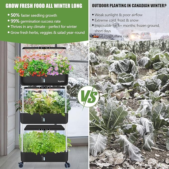 66-Pod Indoor Hydroponic Growing System + 3 Free Seeds Starter Kit (Lettuce Salad Mixed Basil Seeds) – Dual 53W Full-Spectrum LED 10-L Water Tank 3-Tier Grow Pods (66 Pods)