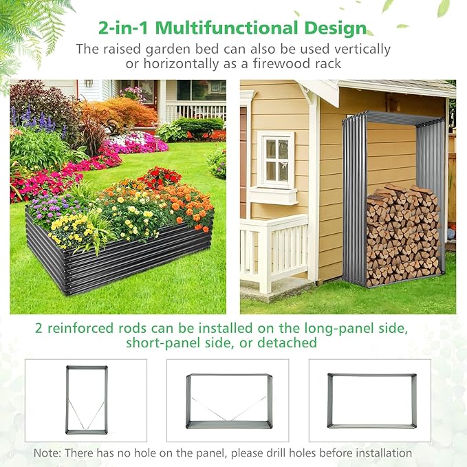 HAPPYGRILL 2PCS Raised Garden Bed Galvanized Metal Firewood Rack 71 x 20.5 x 43.5 Large Outdoor Raised Planter Box for Vegetable Flower Fruit Herb