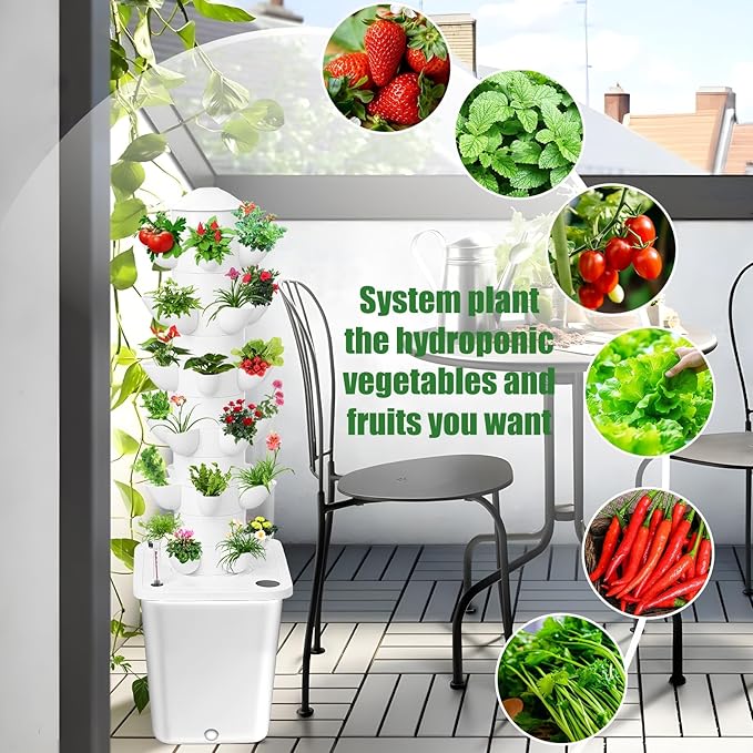 6 Tier Vertical Hydroponic Growing System Tower 30 Holes Smart Irrigation Hydroponic System Kit Soilless Vertical Growing Tower Garden Kit Suitable for Vegetables Fruits and Plants White