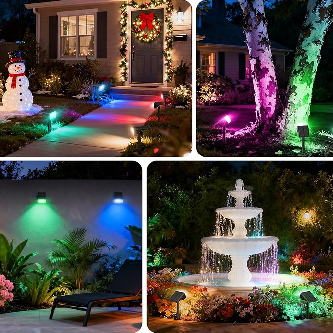 Solar Color Changing Spot Lights Outdoor Waterproof IP65 [4 Pack/32 LED/7 Modes] 2-in-1 Landscape Spotlights Auto On/Off High Lumens Solar Spot Lights for Outside Yard Garden Pathway Walkway