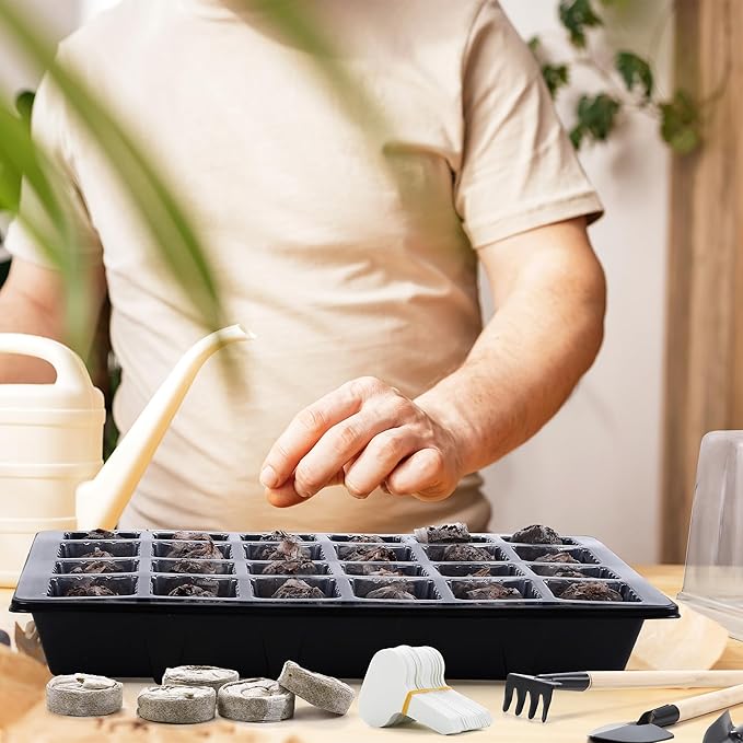 4 Sets Seed Starter Tray Kit Germination Starter Tray with Humidity Dome and Base Include 100 Peat Pellets 100 Plant Labels Garden Tools Plastic Plant Growing Trays for Greenhouse Garden Black