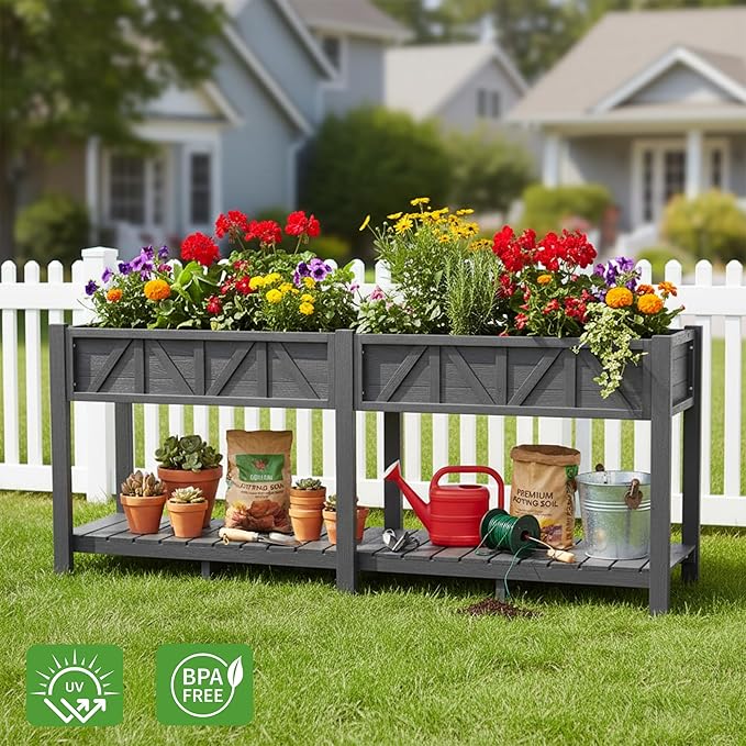 HIPS Elevated Raised Garden Bed with Legs72L x 17.3W x 28.7H Large Outdoor Planter Box with Storage RackAll-Weather Raised Bed Planters with 6 Hooks &amp 2 Non-Woven Liner for Vegetables Flower