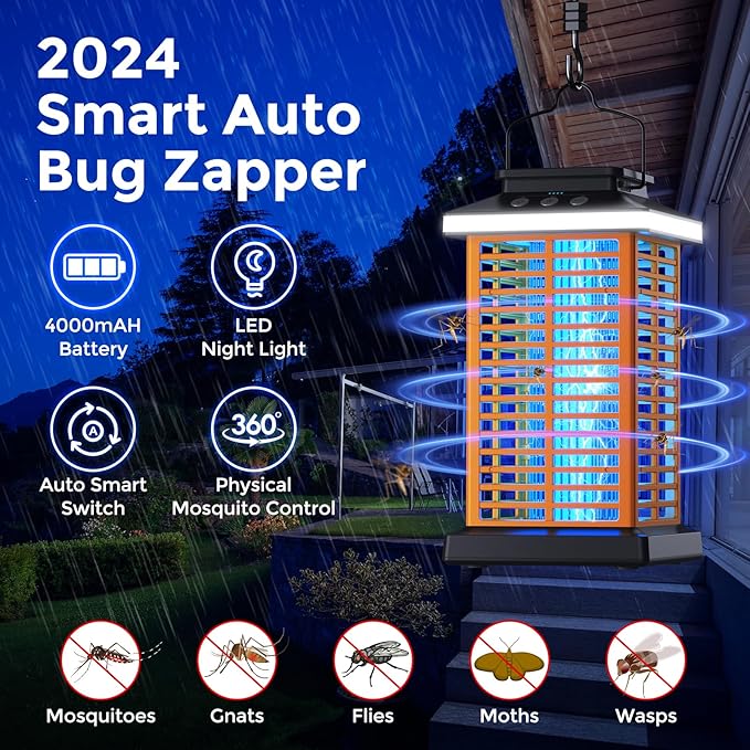 Bug Zapper Outdoor Mosquito Zapper 2 in 1 Portable &amp Rechargeable Bug Zapper Outdoor with 5000mAh Battery &amp LED Night Light 4000V Electric Fly Zapper for OutsidePatioBackyardGarden Yellow