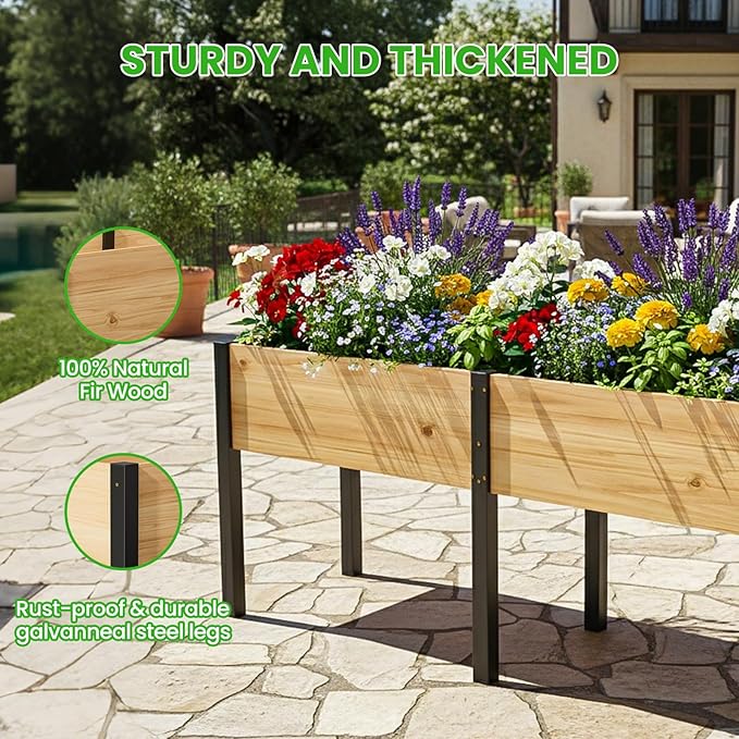 DoCred Raised Garden Bed 70.9 x 22.8 x 31.5 Large Elevated Wooden Horticulture Planter Box with Metal Legs Standing Growing Bed Planter for Gardening Balcony Backyard Patio