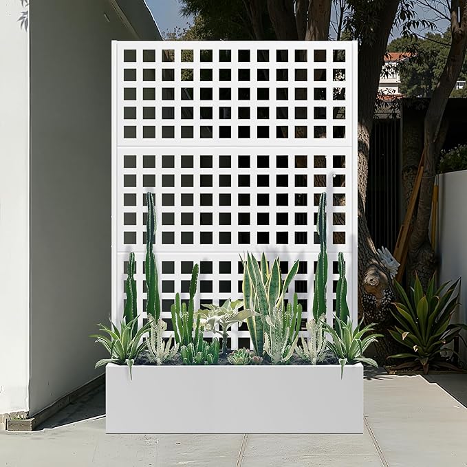 Metal Raised Garden Beds Outdoor with Trellis &amp Privacy Screen for Outdoor Plants Planter Box for Climbling Plants Flowers Vine Large Garden Boxes with Drainage Holes (47L×16W×71H White)
