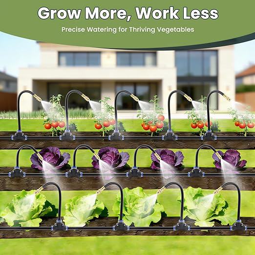 100FT Automatic Drip Irrigation Kits with Water Timer - Garden Watering System with 360° Bendable Spray Adjustable Copper Atomizing Nozzles for Yard Lawn Raised Bed Greenhouse Potted Plants