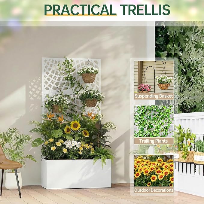 Outvita Metal Planter Box with Trellis 71’’ x 36’’ x 16’’ Raised Garden Bed with Drainage Holes for Climbing Plants Vegetables Vines Privacy Planters for Patio (White)