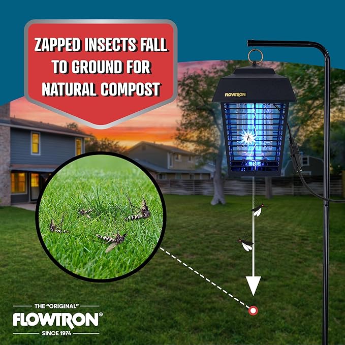 Flowtron Electric Bug Zapper 1/2 Acre Outdoor Insect Control with Dual Lure Method 15W UV Light &amp Octenol Attractant for Fly &amp Mosquito 5600V Kill Grid Made in USA UL Certified