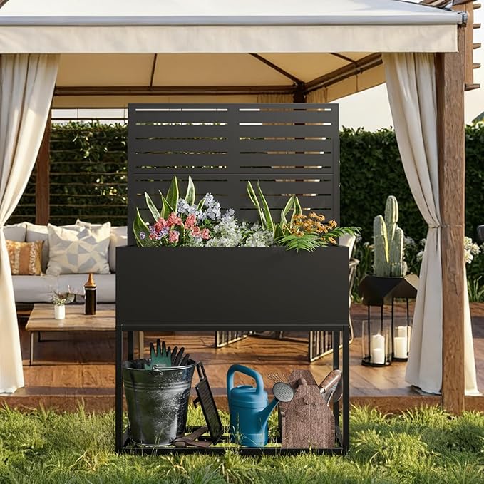 Metal Planter Box Multi-Functional &amp Easy to Assemble 55 H x 35 W Raised Garden Bed for Climbing Plants Elevated Standing Garden Planter with Drainage Holes for Outdoor Patio Black