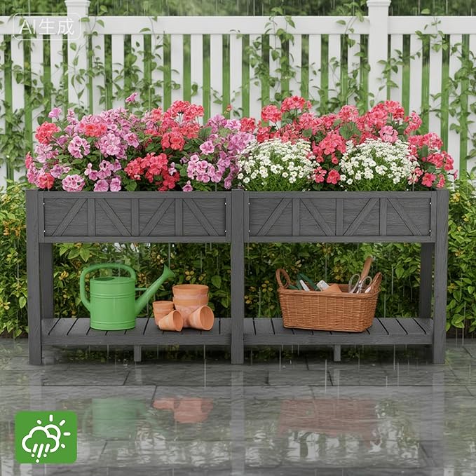 HIPS Elevated Raised Garden Bed with Legs72L x 17.3W x 28.7H Large Outdoor Planter Box with Storage RackAll-Weather Raised Bed Planters with 6 Hooks &amp 2 Non-Woven Liner for Vegetables Flower