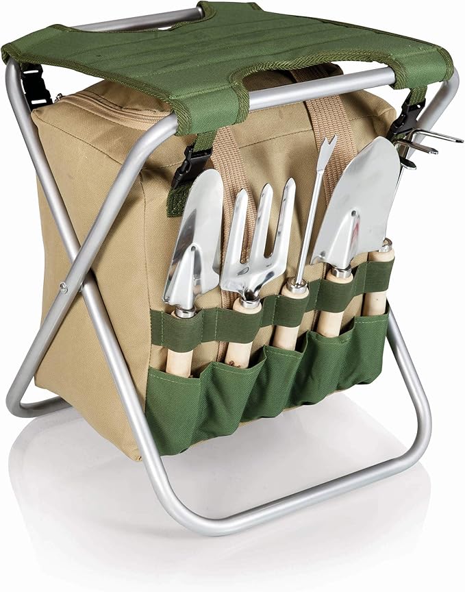 Gardener Folding Stool Tote &amp 5-Piece Garden Tool Set with 3-Pack Floral Print Jersey Gloves