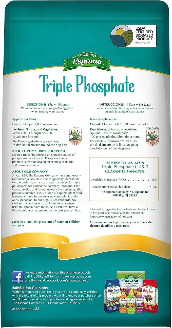 Espoma Triple Phosphate Fertilizer 0-45-0 6.5lb. Bag Promotes Root Growth and Blooming in All Flowering Plants Trees Shrubs and Vegetables. Granular for Easy Application. Pack of One.