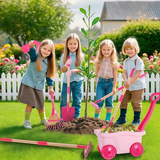 Kids Gardening Tools Outdoor Toys Set - Wheelbarrow Backyard Play Set for Kids with Shovel Rake Leaf Rake Summer Yard Digging Weed Toys Easter Birthday Gifts for Boys Girls Age 2 3+ Years Old