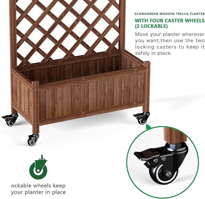 Upgraded 2-Pack 50 Tall Trellis Planter Box with Wheels 49.8H × 27.6W × 13.0D Solid Fir Wood Raised Garden Bed &amp Lattice Privacy Screen Rolling Planter with Drainage for Patio/Garden